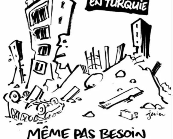  Weerzinwekkende spotprent van de Franse satire krant toont moreel verval van het Westen